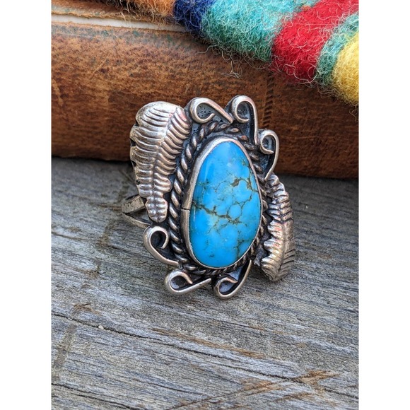 Vintage Jewelry - Vintage Squash Blossom Turquoise Sterling Ring